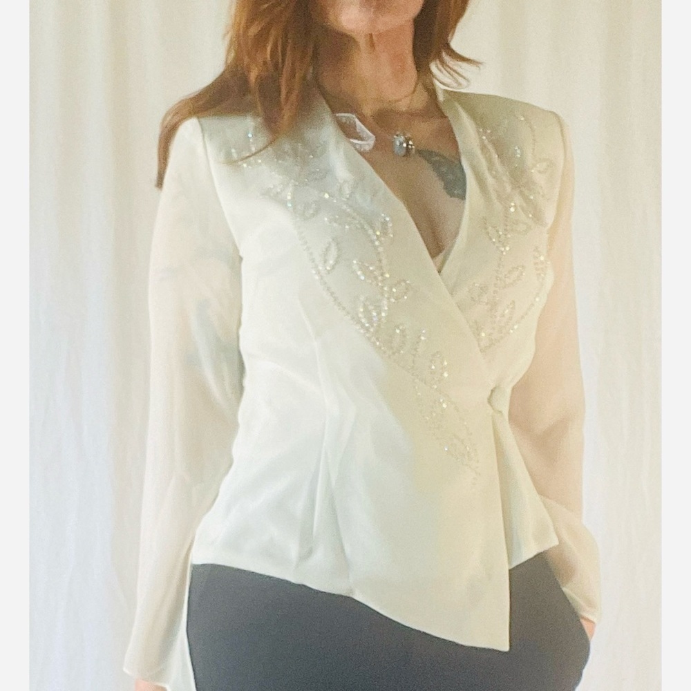 90’s Vintage ‘J.R. Nites Cream White Beaded Embellished Wrap Blouse - Picture 3 of 12